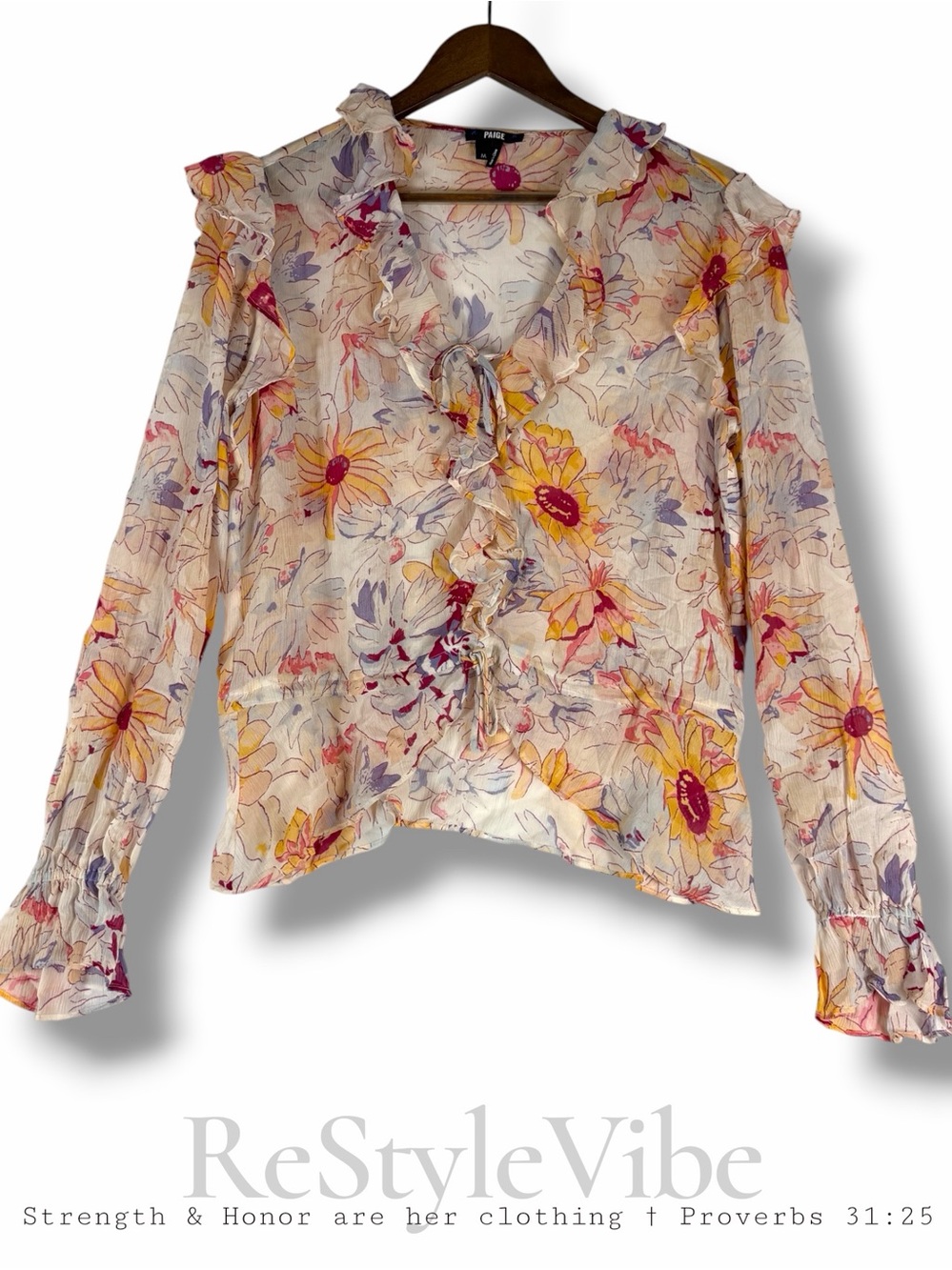 PAIGE Women’s Size M Blouse Top Shirt Floral 100% Silk Ruffle Long Sleeve V-Neck